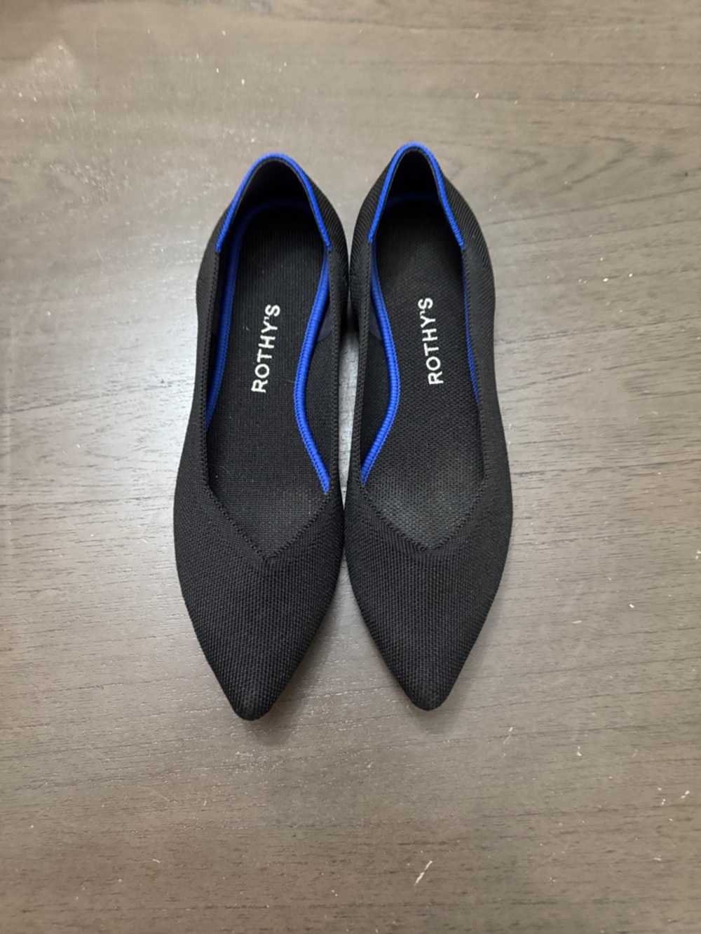 Rothy's Black Pointed Knit Flats with Blue Trim